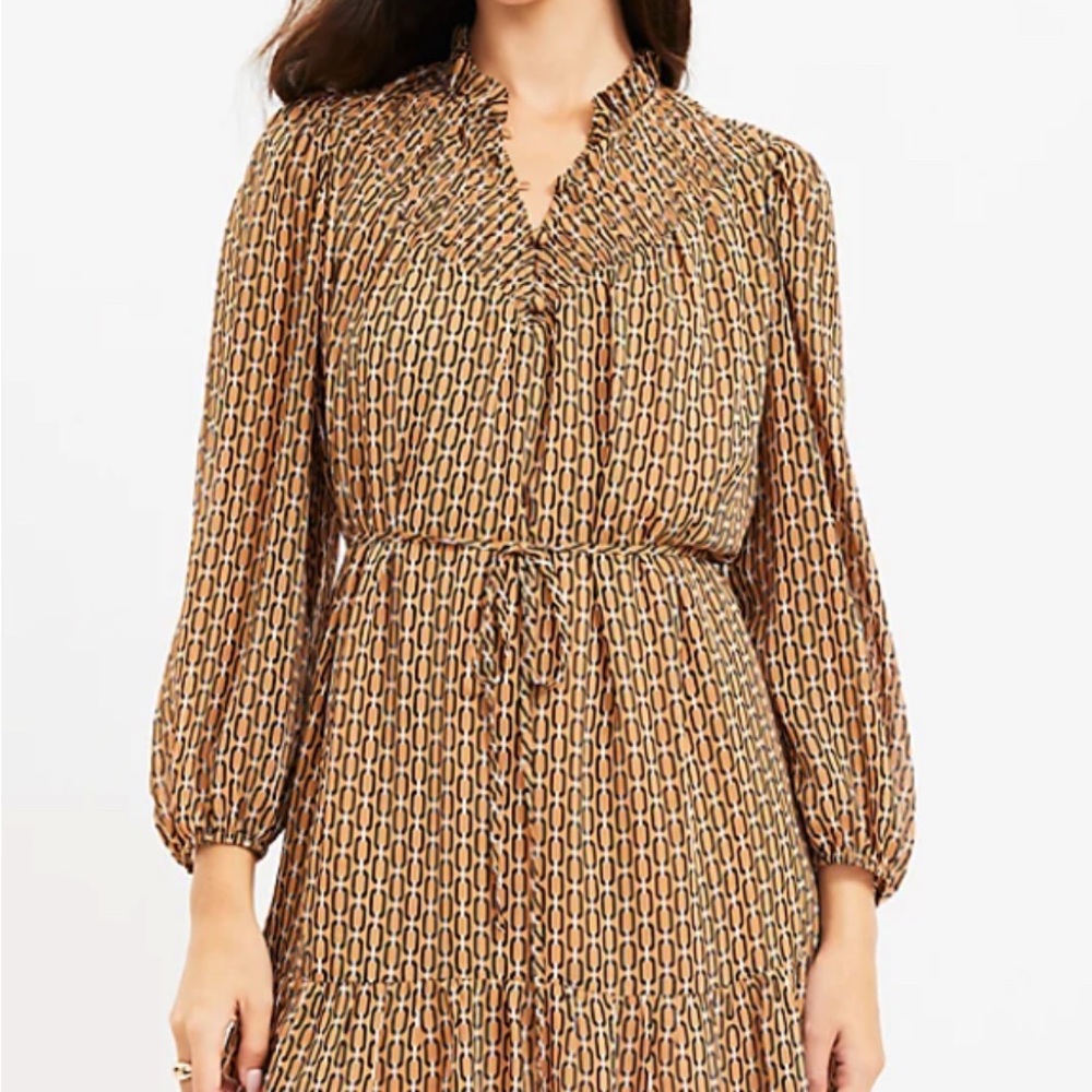 LOFT Brown Tan Ruffled Tie Front Sundress